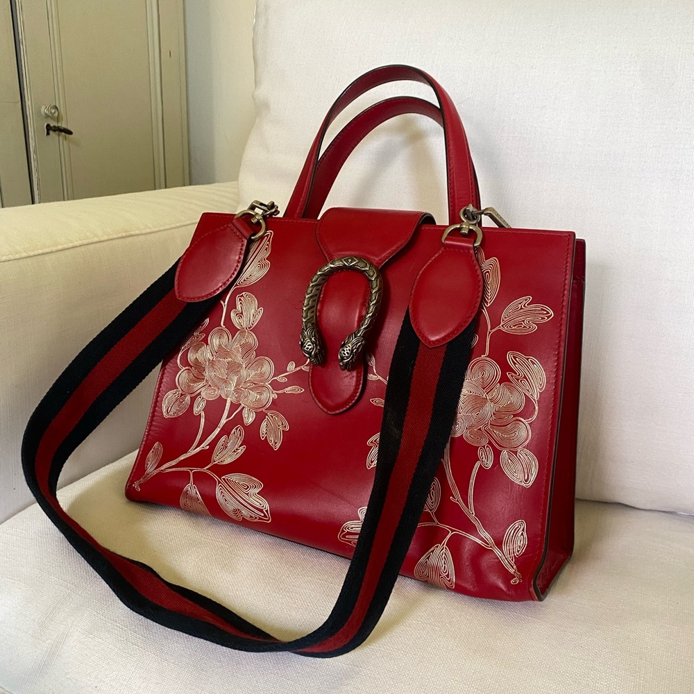 Gucci Red Smooth Calfskin Leather Chinese NY Dionysus medium top handle bag